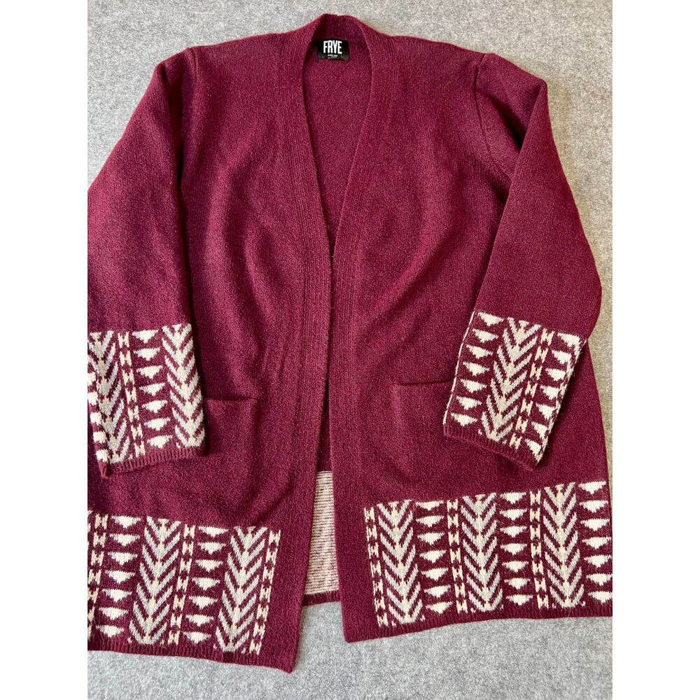 Frye Company The Cozy Cardigan Sweater Border Burgundy Sz XL Southwestern Fall